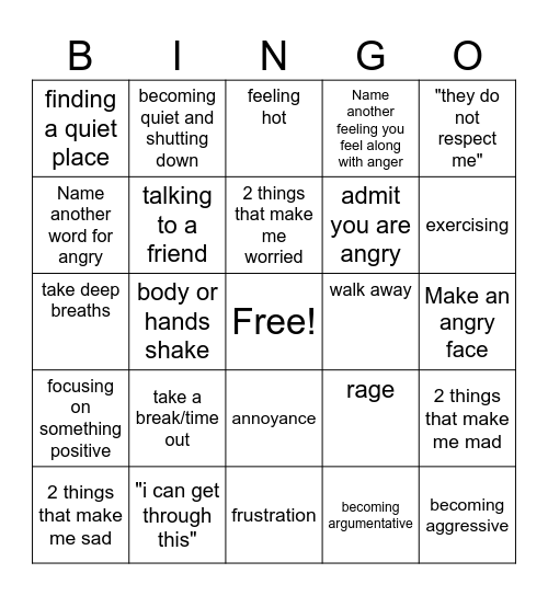 Anger Bingo Card