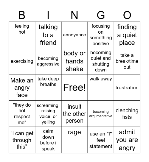 Anger Bingo Card