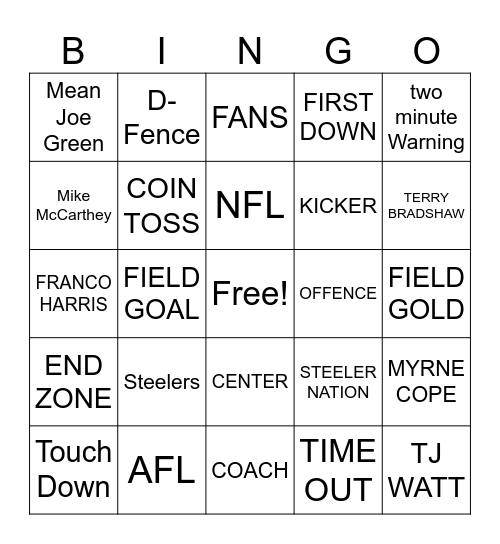 Steelers Nation Bingo Card