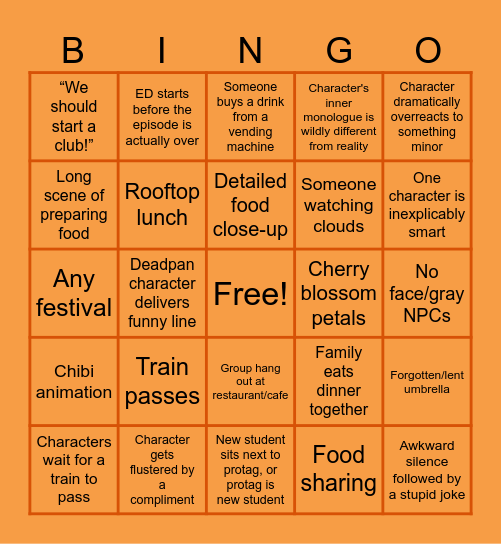 Slice-of-Life Bingo Card