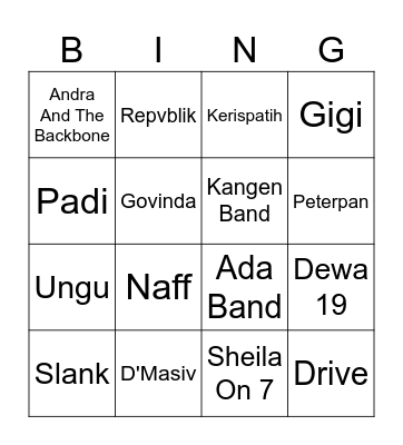 Band Pop Indonesia Bingo Card