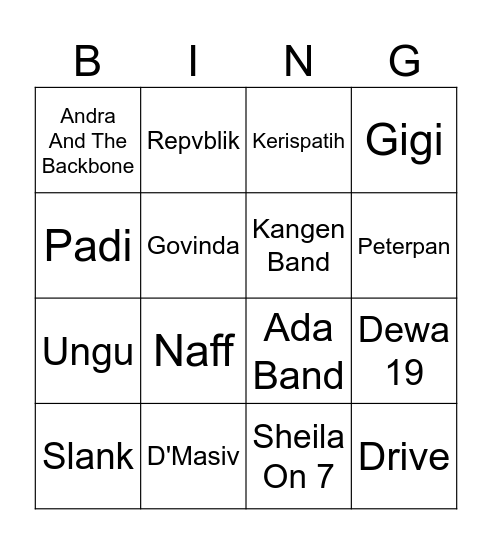 Band Pop Indonesia Bingo Card