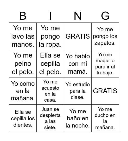 Reflexives memory game pt 1 Bingo Card