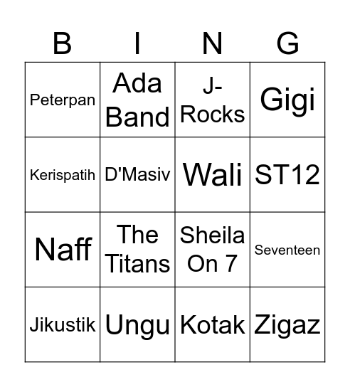 Band Pop Indonesia Bingo Card