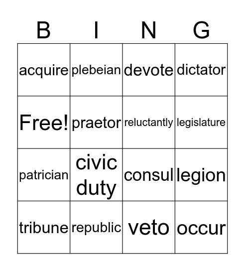 Ancient Rome Lessons 1 and 2 Bingo Card