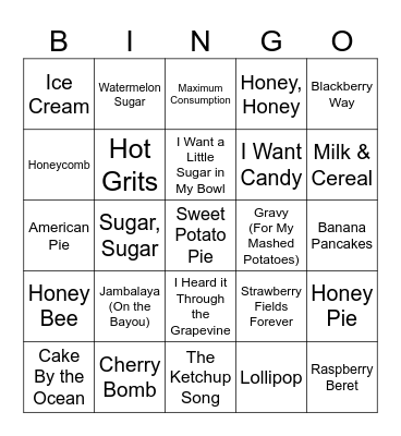 Nom Nom Food Songs Bingo Card