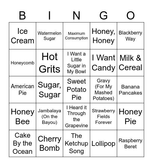 Nom Nom Food Songs Bingo Card