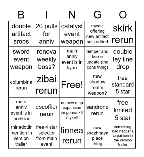 GENSHIN ANNIV BINGOOOOO Bingo Card