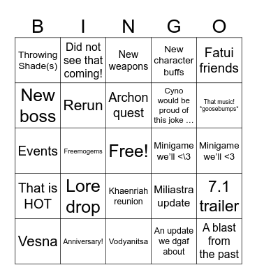 Genshin Livestream 7.1! Bingo Card