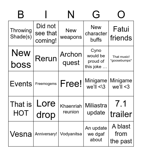 Genshin Livestream 7.1! Bingo Card