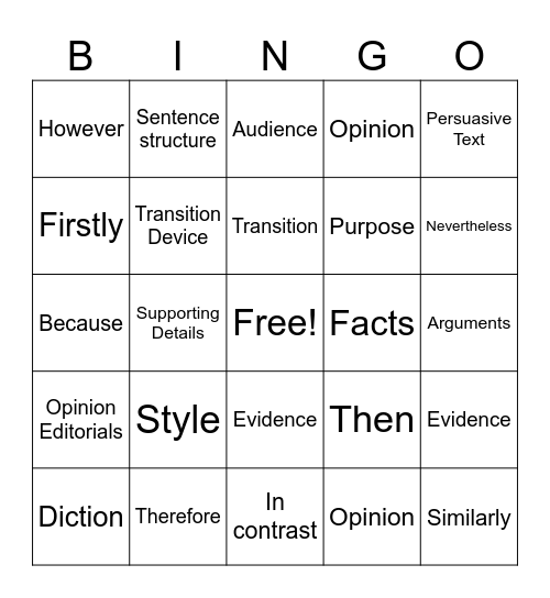 Think It, Mark It, Bingo Card