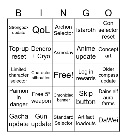Genshin  7.1 Bingo Card