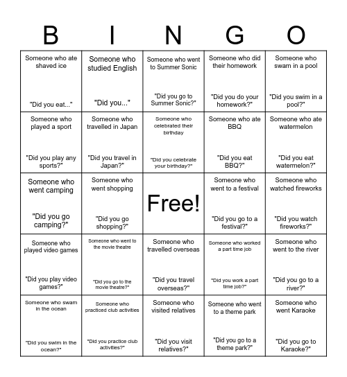 Summer - Find someone who... Bingo Card