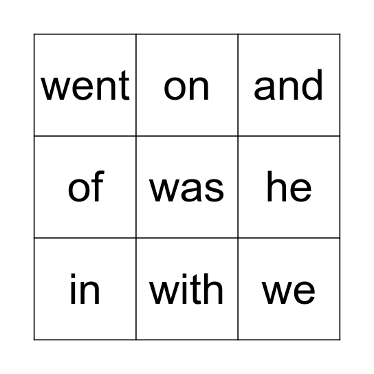 Oxford HFW 1-20 Bingo Card