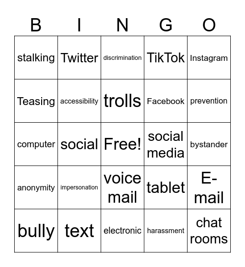 Cyber Bullying Bingo Card