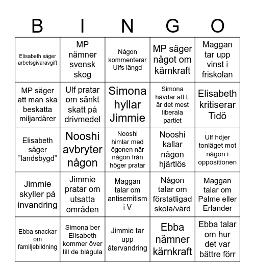 SLUTDEBATT PARTILEDARE Bingo Card