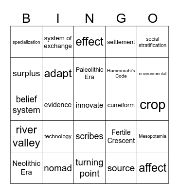 Paleolithic and Neolithic Era Vocab BIngo Card