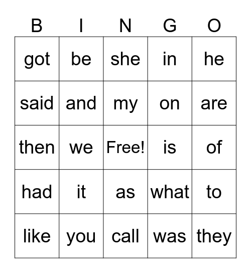 Sight Word Bingo Card