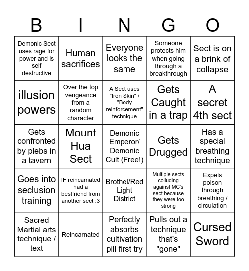 Murim Manhwa Cultivation Slop Bingo Card