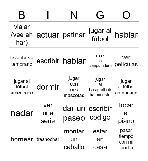 ¿Qué te gusta hacer? side 2 Bingo Card