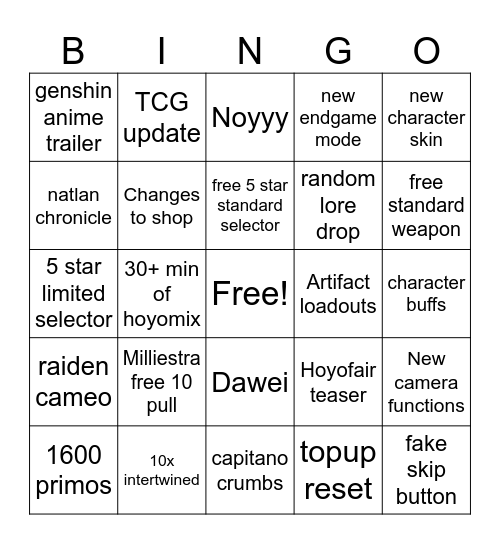 7.1 Genshin Livestream Bingo Card