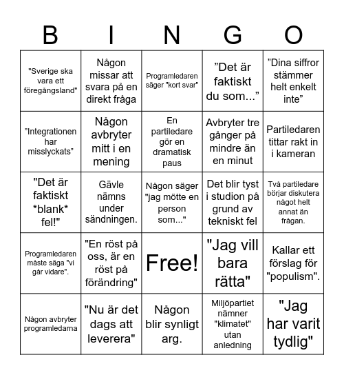 Slutdebatt Bingo 2026 Bingo Card