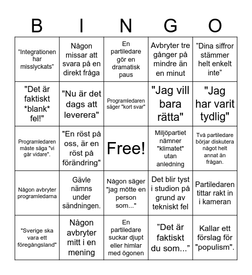 Slutdebatt Bingo 2026 Bingo Card