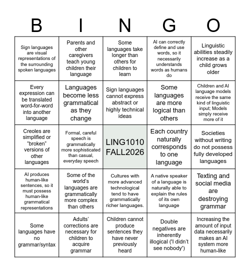 Language Myths: Heard in the Wild Bingo Card
