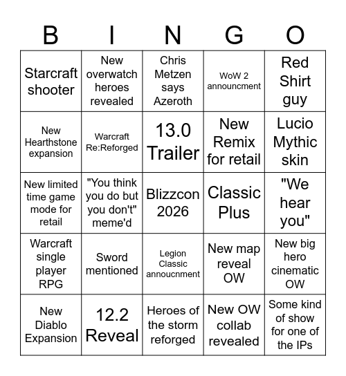 blizzcon 2026 Bingo Card