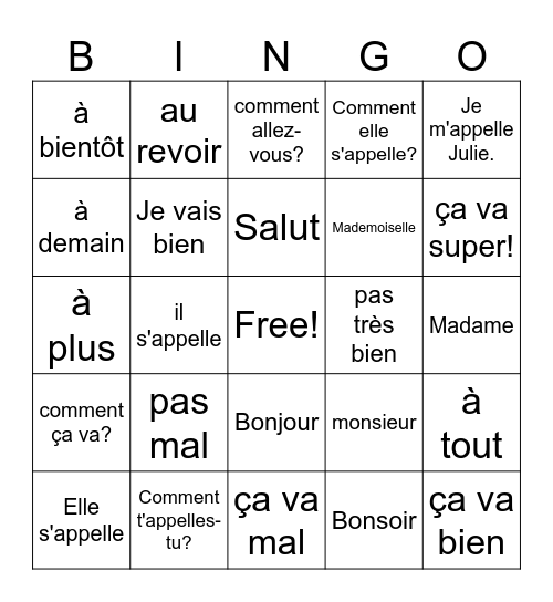 French I Bingo Card