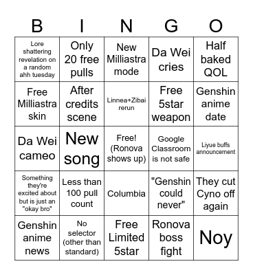 Genshin Livestream depression Bingo Card
