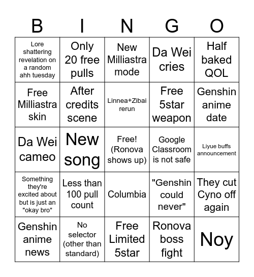 Genshin Livestream depression Bingo Card
