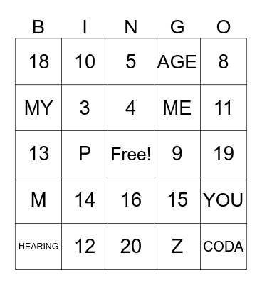 ASL 1 - Intro Signs, Numbers, Fingerspelling Bingo Card