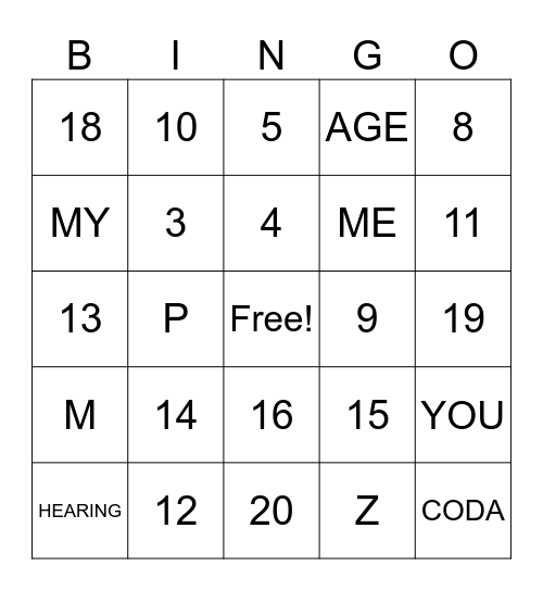 ASL 1 - Intro Signs, Numbers, Fingerspelling Bingo Card