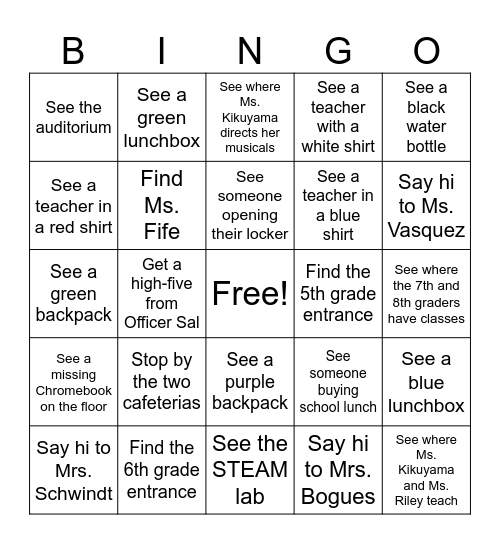 Around Memorial Middle School Bingo Card