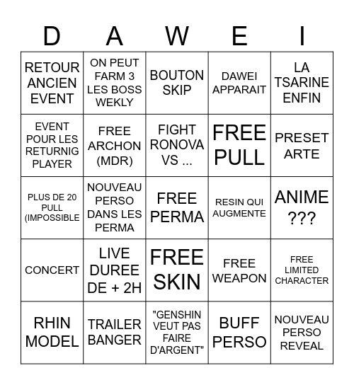 GENSHIN 6 anniversary Bingo Card