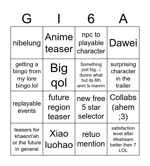 Genshin 6th Anni LS Bingo Card