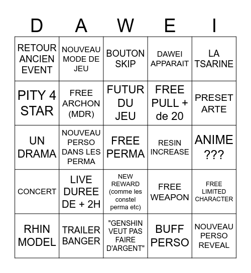 GENSHIN 6 anniversary Bingo Card