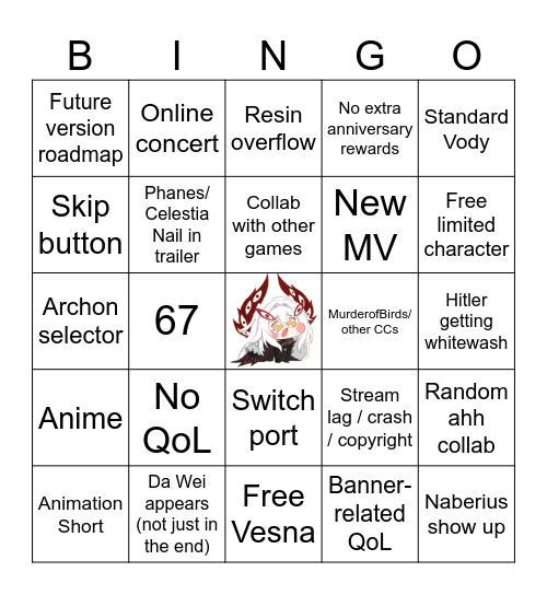 Genshin 7.1 Livestream Bingo Card