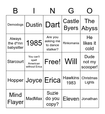 Stranger Things Bingo Card