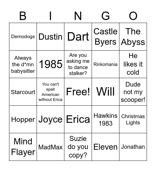Stranger Things Bingo Card