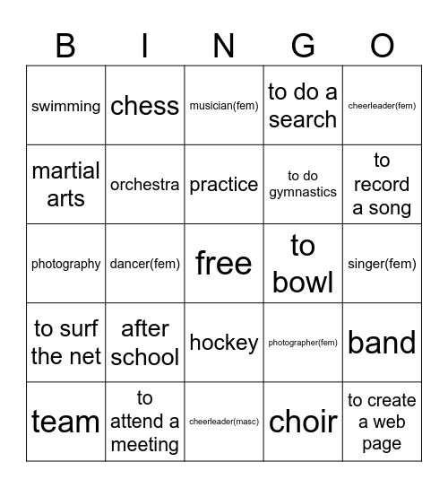After School Bingo Card