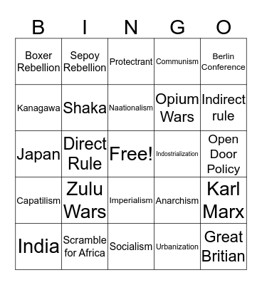 Imperialism and IR Bingo Card