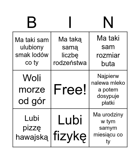 Znajdź osobę która... Bingo Card
