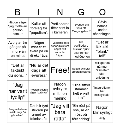 Slutdebatt Bingo Card