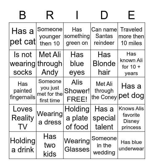 Alis Shower Bingo!  Bingo Card