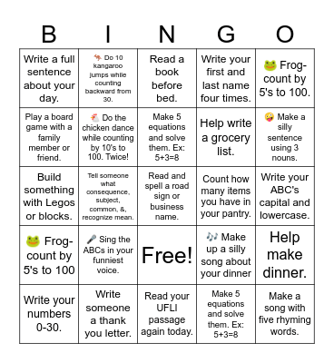 First Grade Homework Bingo Card