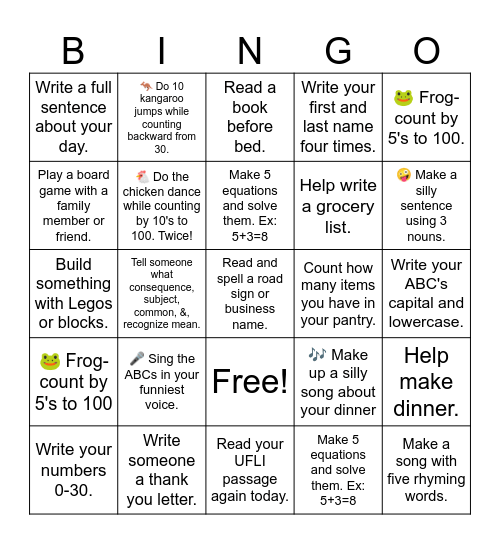 First Grade Homework Bingo Card