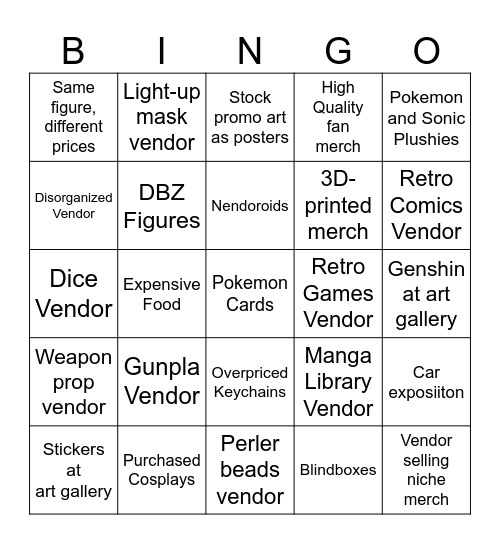 Stuff you see at Anime Cons Bingo Card