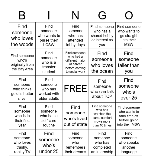 Social Work Bingo Card